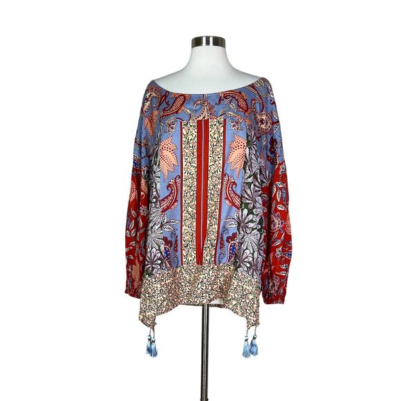 Anthropologie | Sonrisa Paisley Floral Red Blue Tassel Balloon Sleeve Blouse Top - Picture 2 of 9